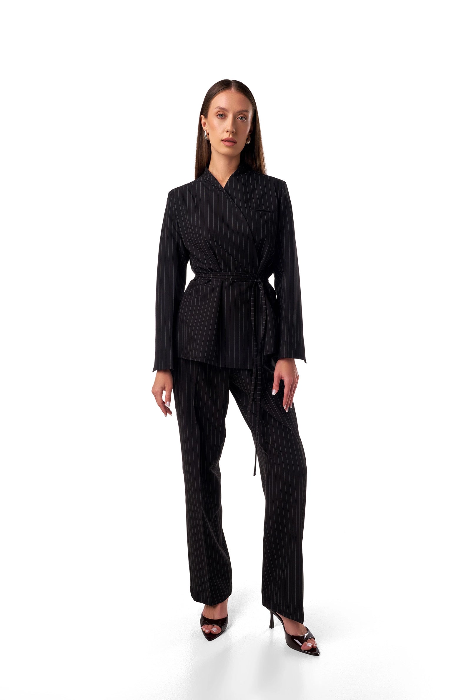 Pinstripe Belted Blazer